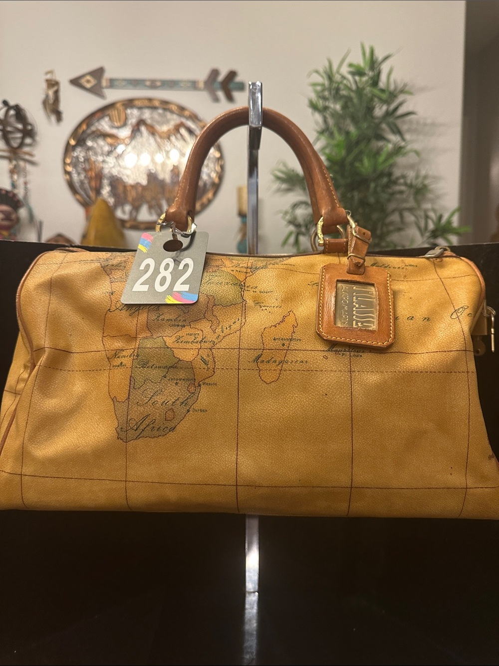 Alviero Martini #282 Geo Map Print Satchel in Tan and Brown